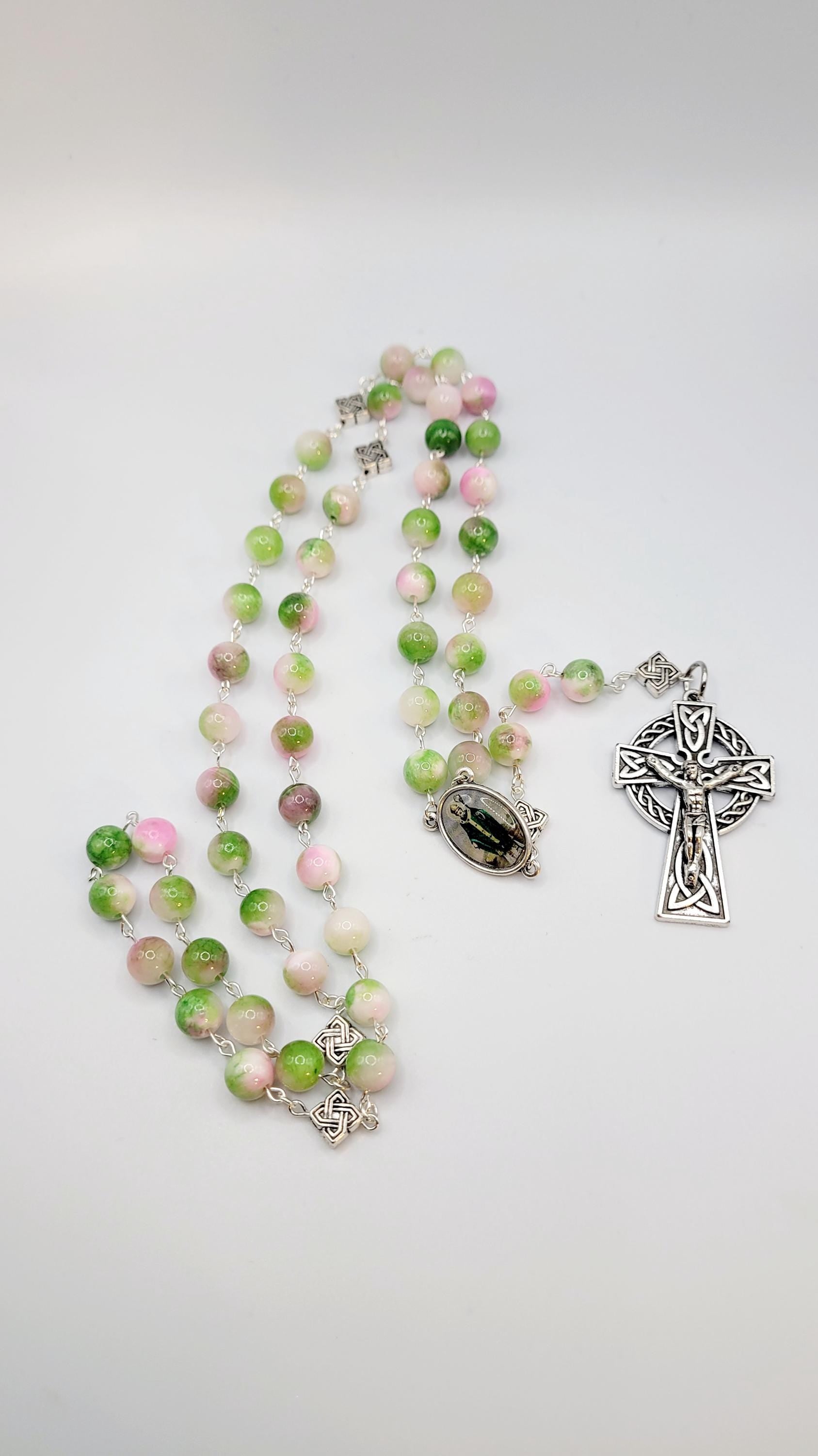 Handmade Celtic Rosary: Emerald Green Beads, Silver-Finish Crucifix