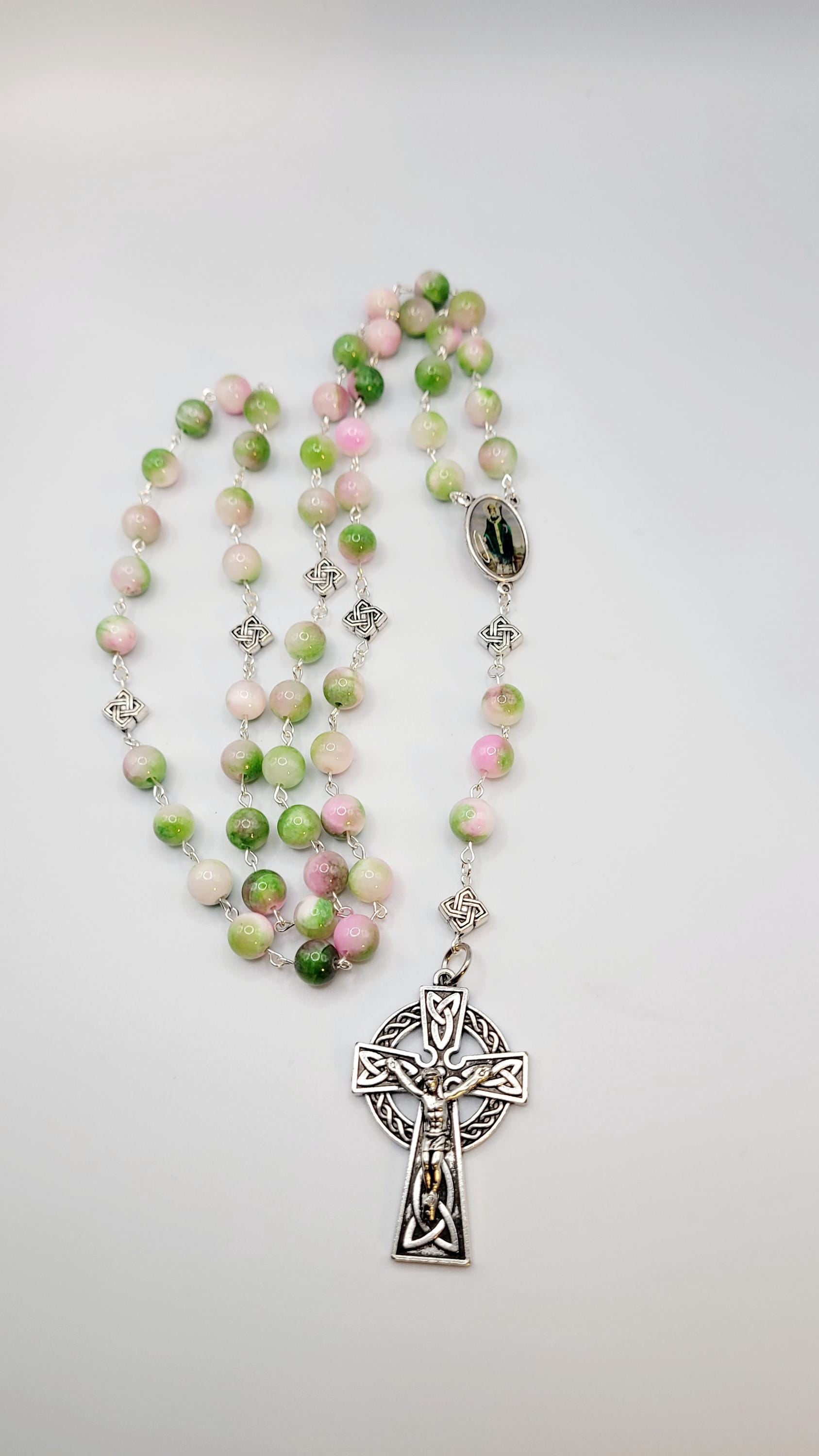 Handmade Celtic Rosary: Emerald Green Beads, Silver-Finish Crucifix