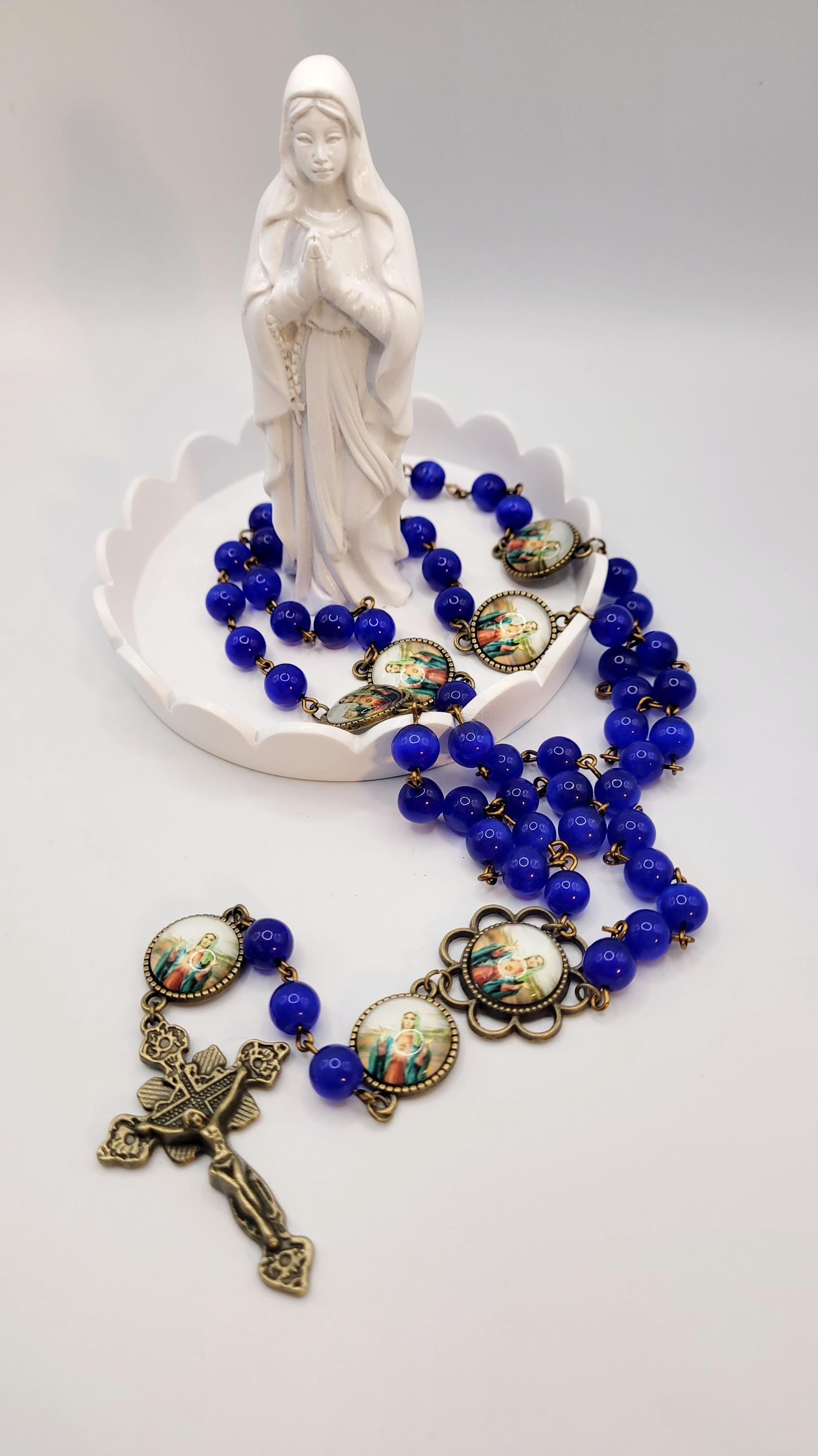 Handmade Immaculate Heart of Mary Rosary: Blue Glass, Bronze Finish