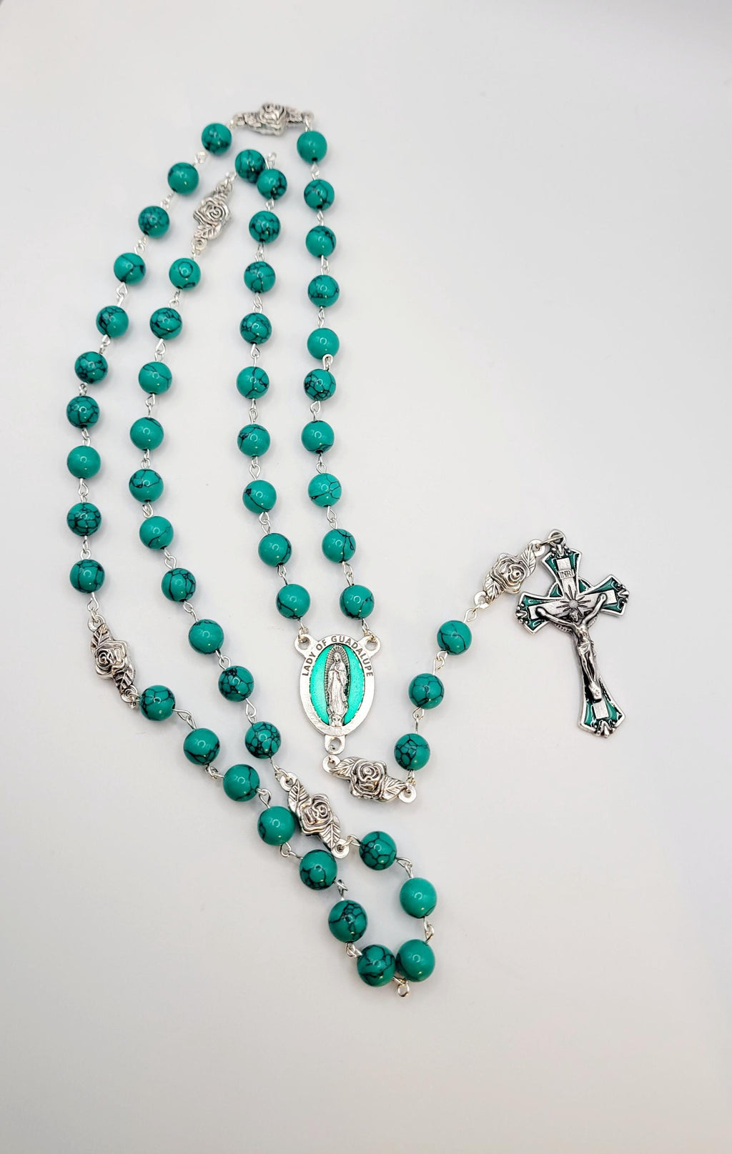 Handmade Our Lady of Guadalupe Rosary: Green Turquoise Style Beads