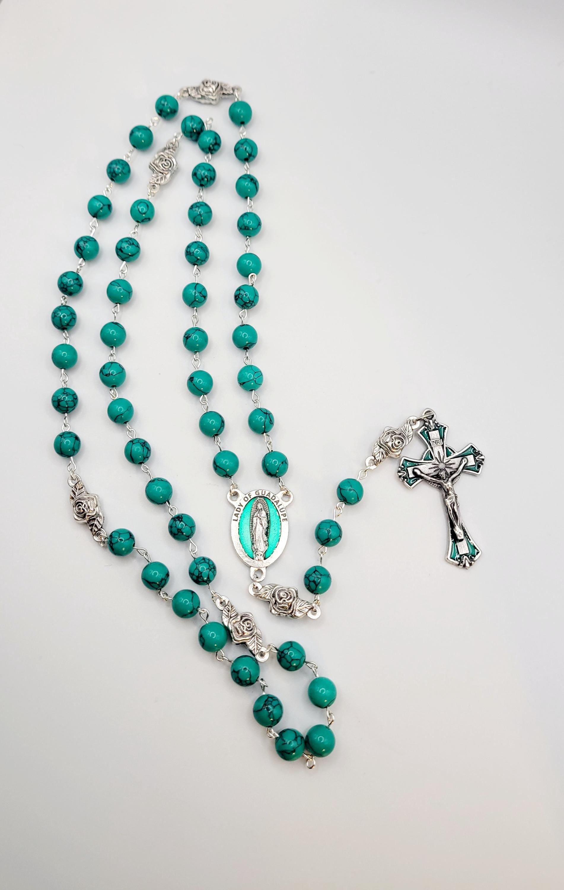 Handmade Our Lady of Guadalupe Rosary: Green Turquoise Style Beads
