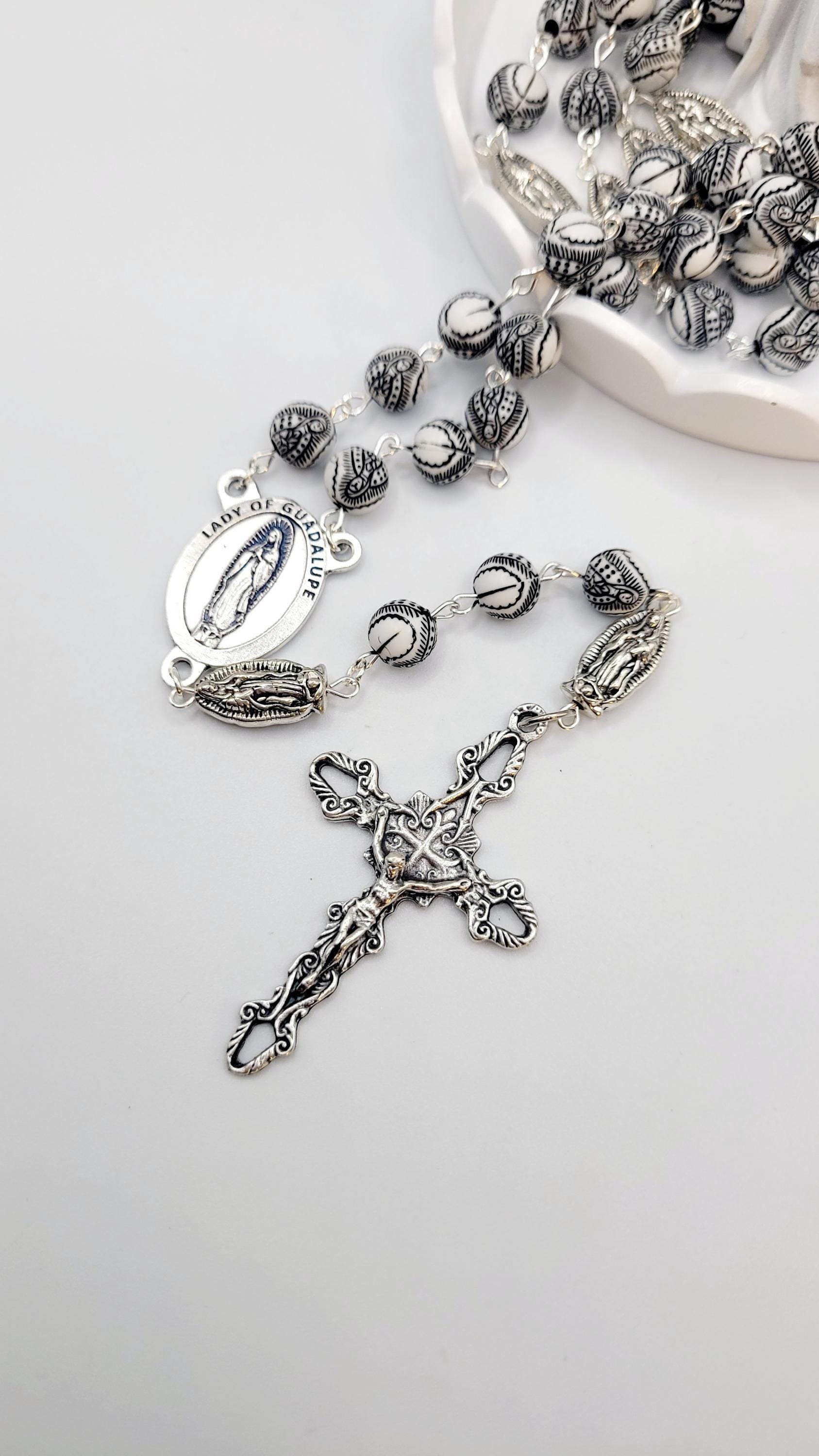 Handmade Our Lady of Guadalupe Rosary with Silver Crucifix