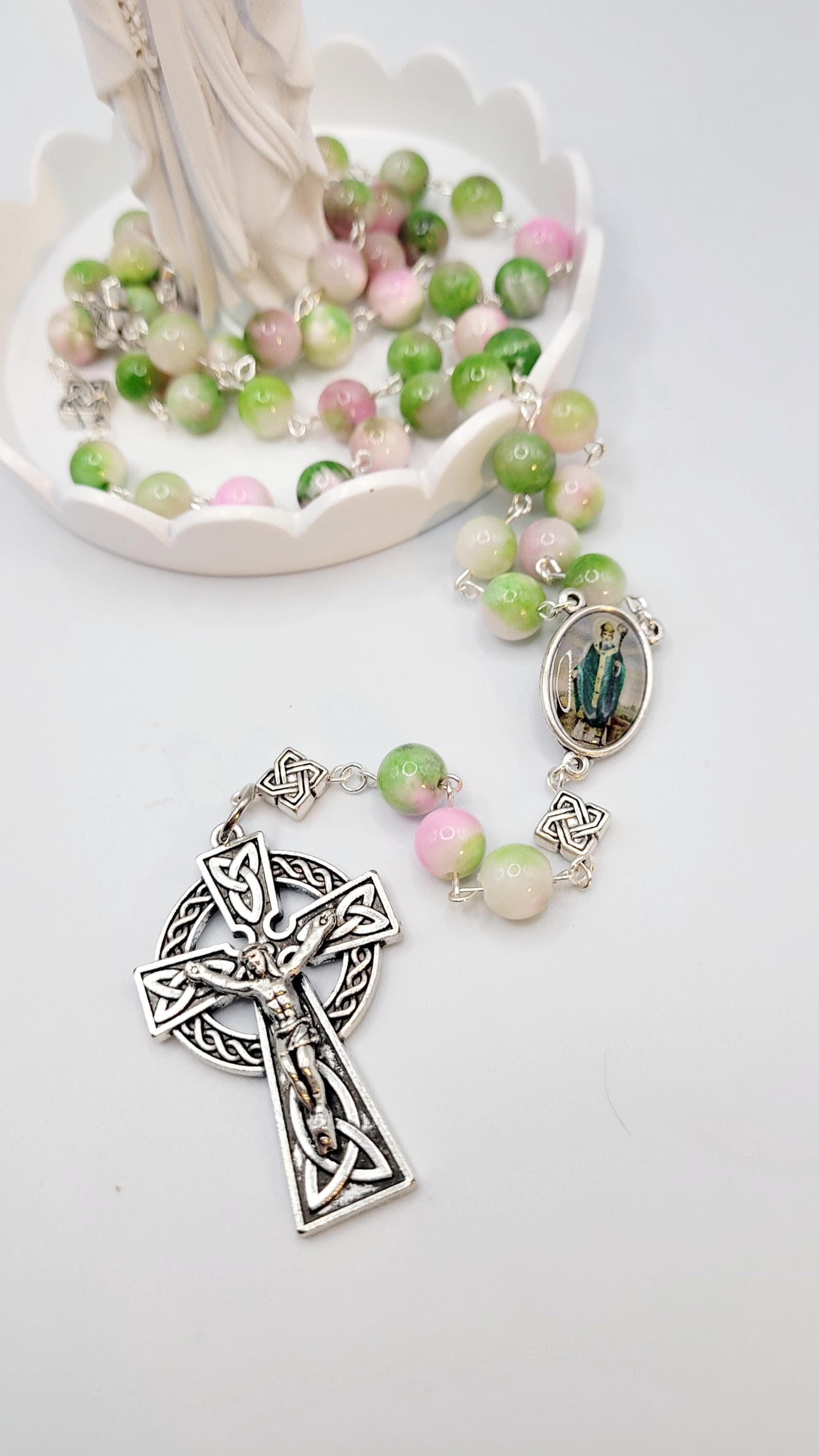 Handmade Celtic Rosary: Emerald Green Beads, Silver-Finish Crucifix