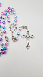 Handmade Miraculous Medal Rosary: Iridescent Pearl Beads, Silver Crucifix