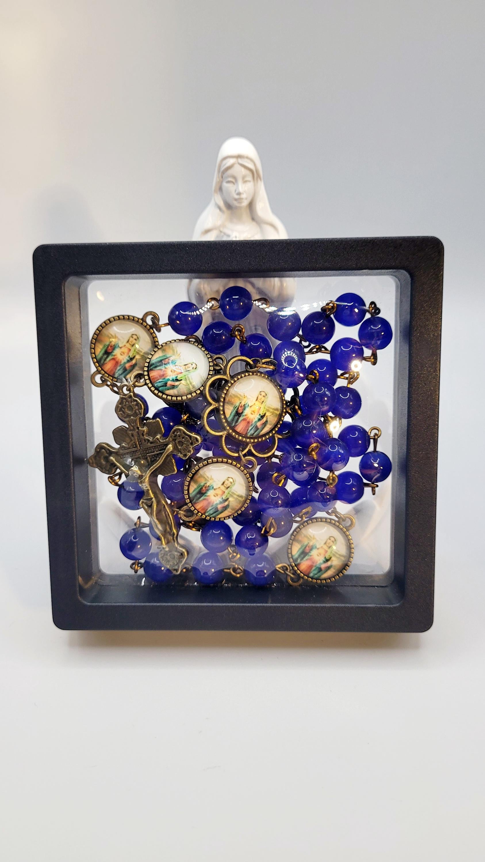 Handmade Immaculate Heart of Mary Rosary: Blue Glass, Bronze Finish