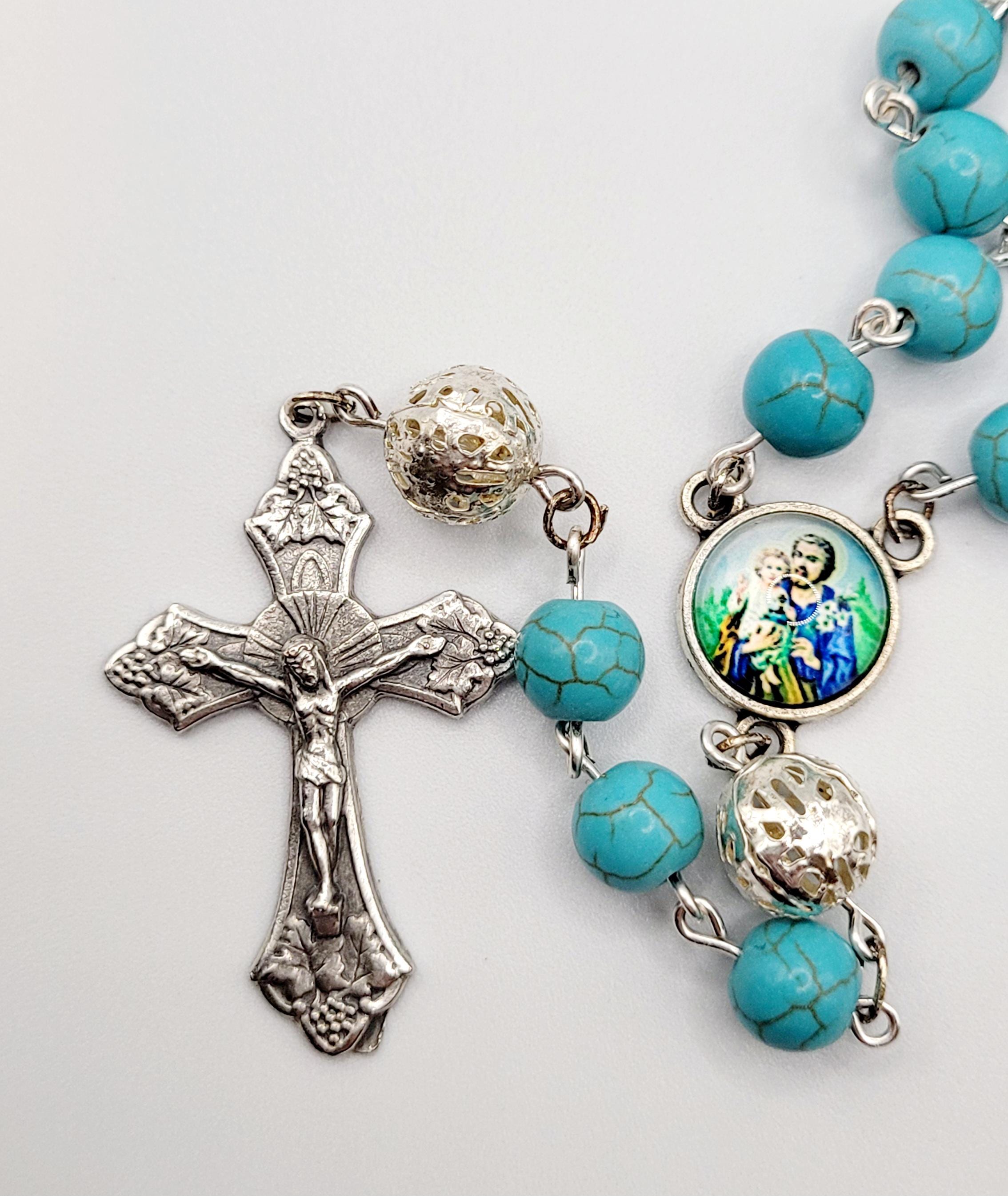 Handmade St. Joseph Rosary: Turquoise Beads, Detailed Medallion