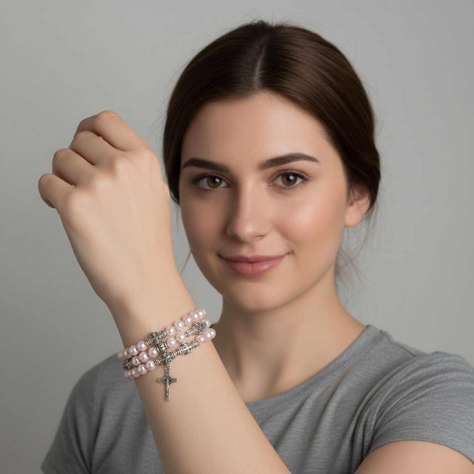 Light pink Handcrafted Miraculous Metal Rosary Bracelet