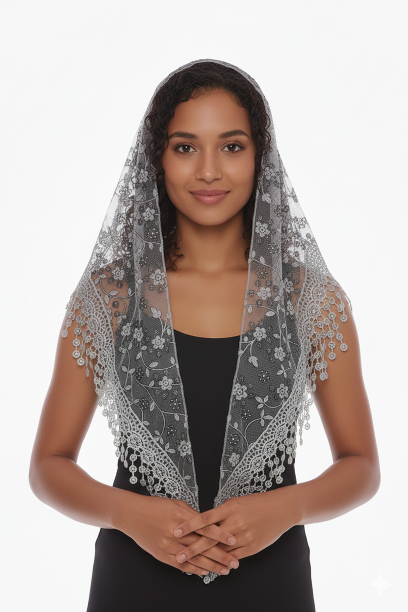 Green Floral Lace Chapel Veil - Mantilla