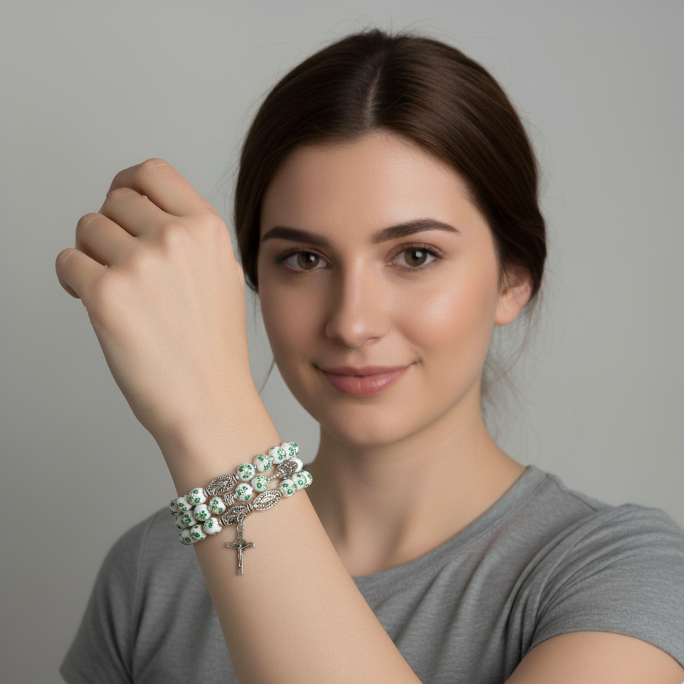 Green Floral Handcrafted Miraculous Metal Rosary Bracelet