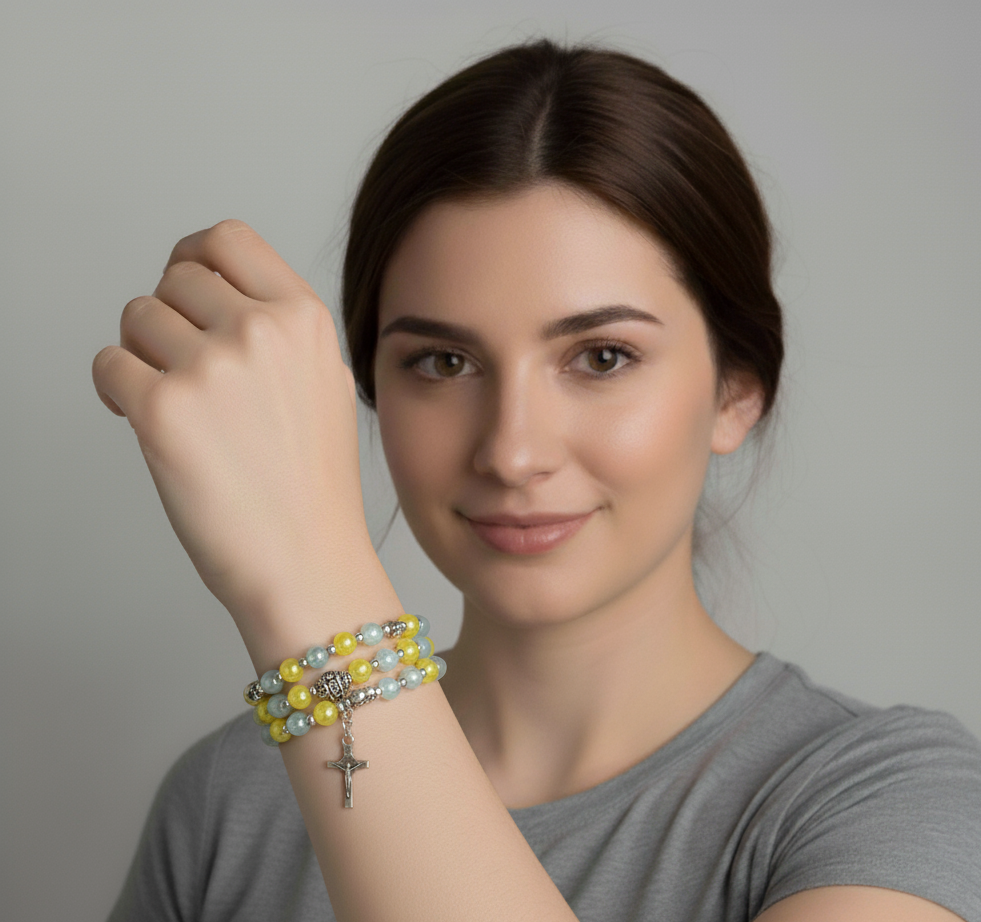 Yellow & Blue Handcrafted Miraculous Metal Rosary Bracelet
