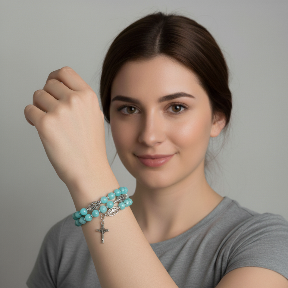 Teal Handcrafted Miraculous Metal Rosary Bracelet