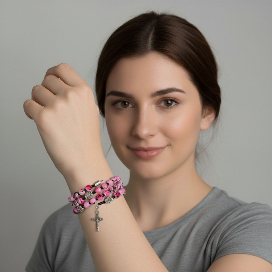 Pink & Black Handcrafted Miraculous Metal Rosary Bracelet
