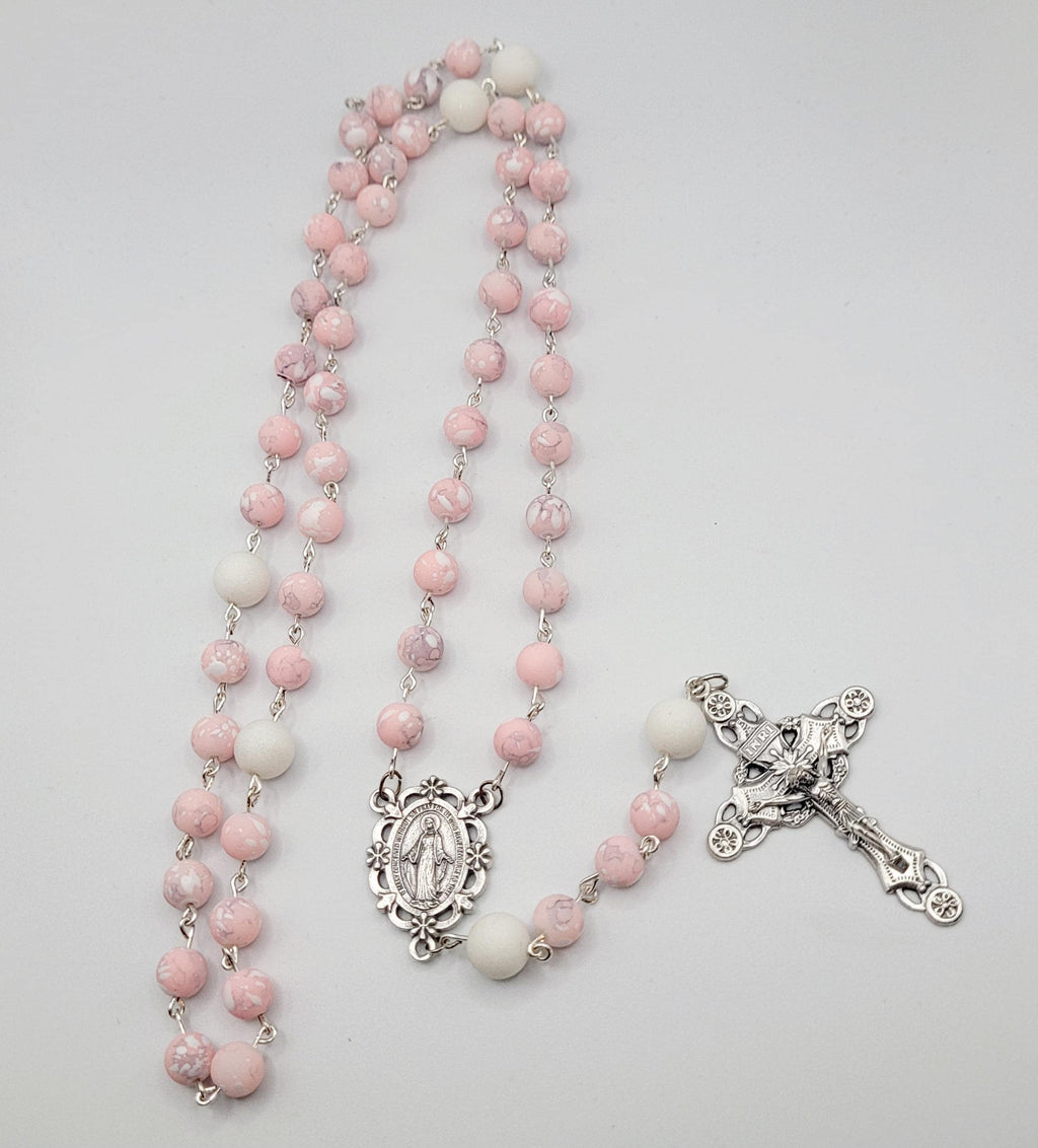 Handmade Pink and White Clay Bead Rosary