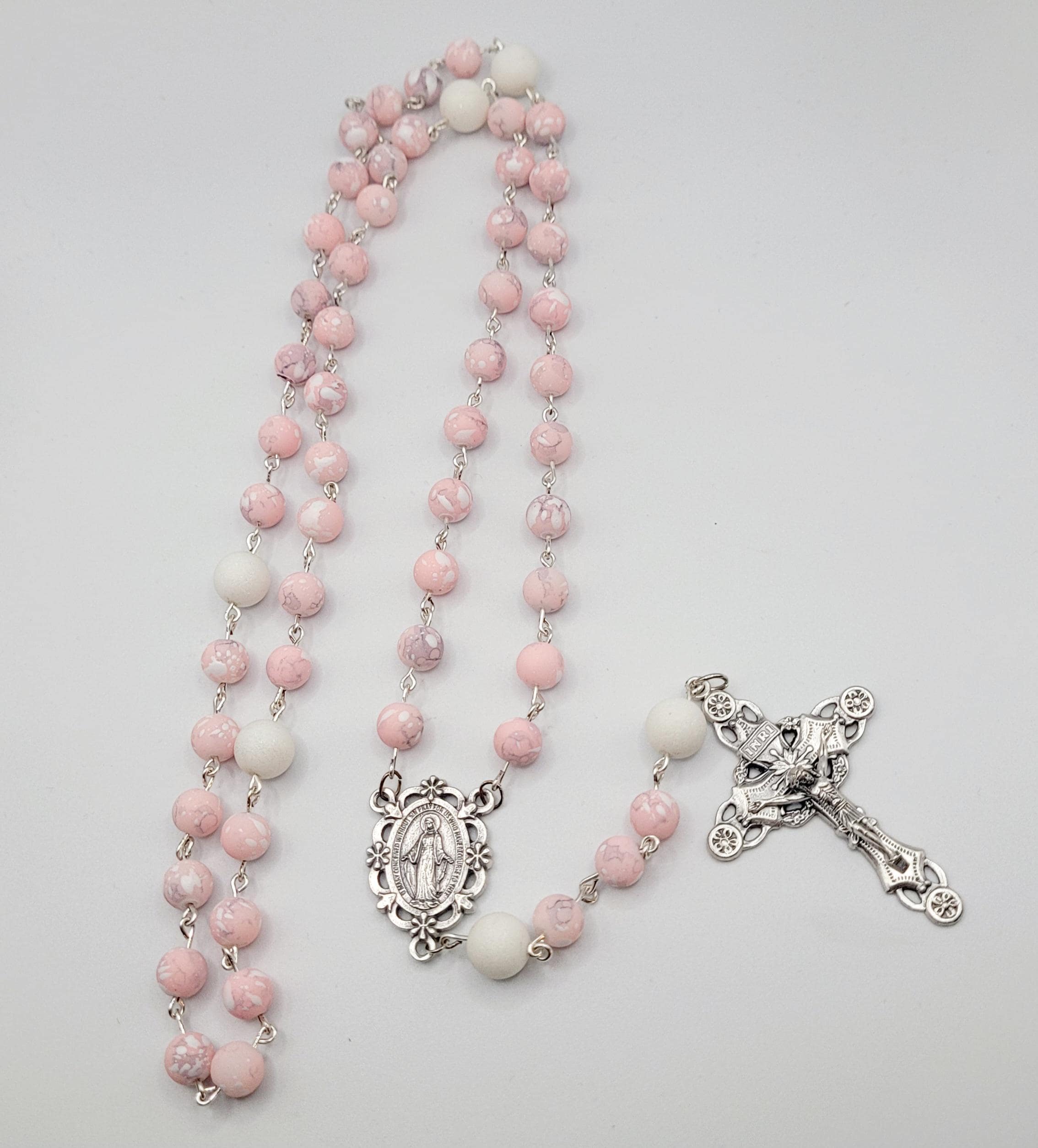 Handmade Pink and White Clay Bead Rosary