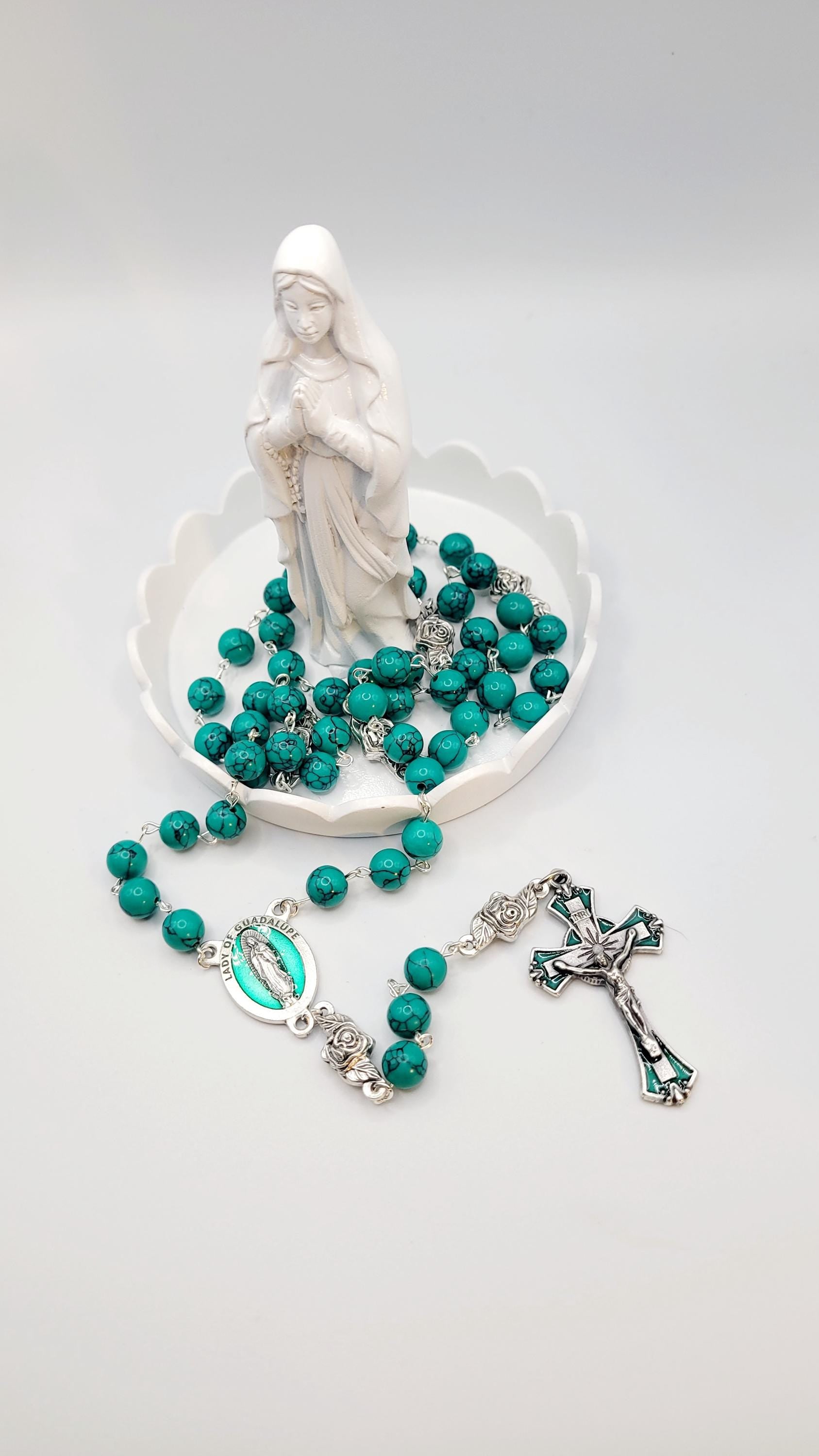 Handmade Our Lady of Guadalupe Rosary: Green Turquoise Style Beads