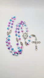 Handmade Miraculous Medal Rosary: Iridescent Pearl Beads, Silver Crucifix