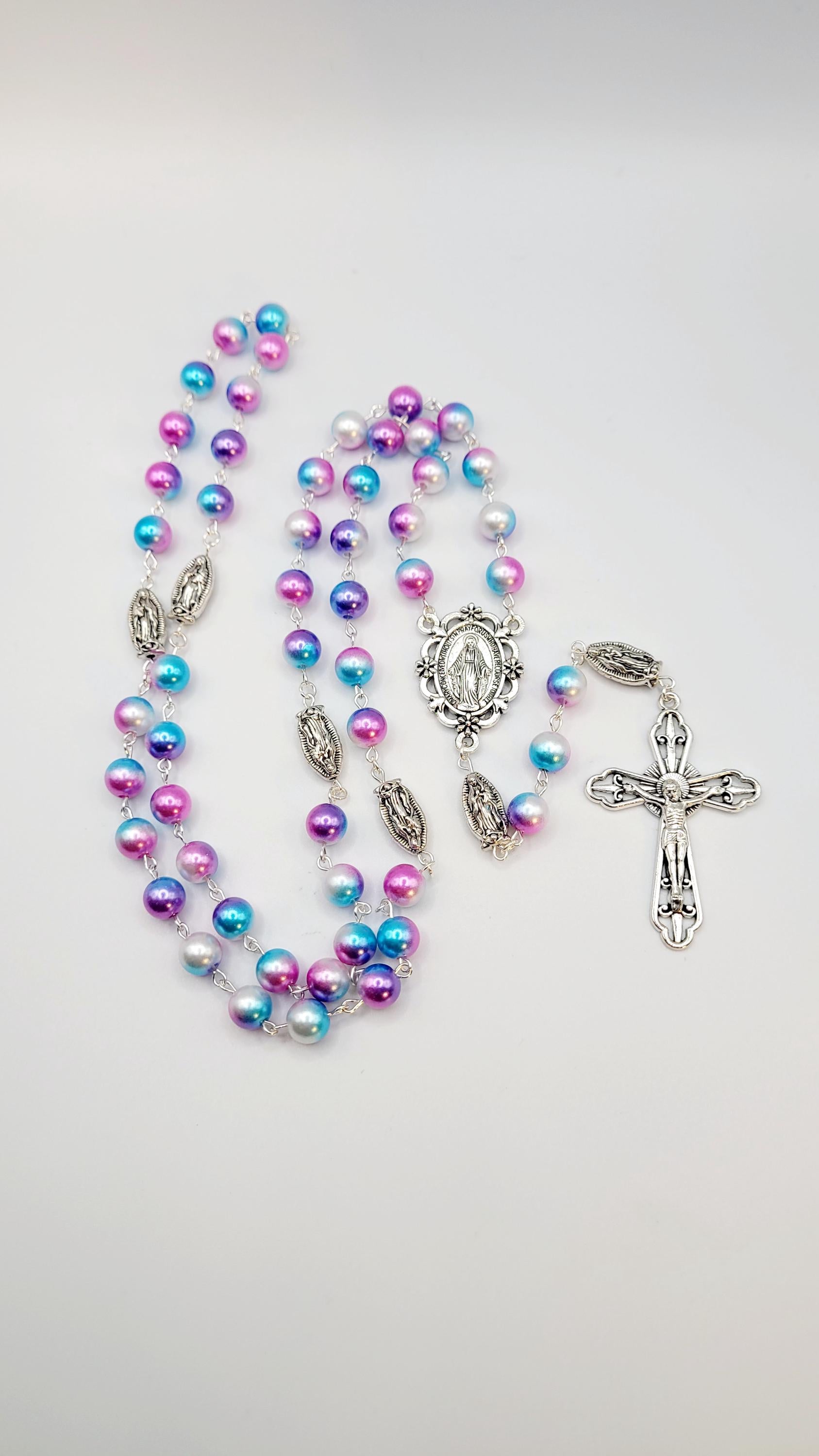 Handmade Miraculous Medal Rosary: Iridescent Pearl Beads, Silver Crucifix