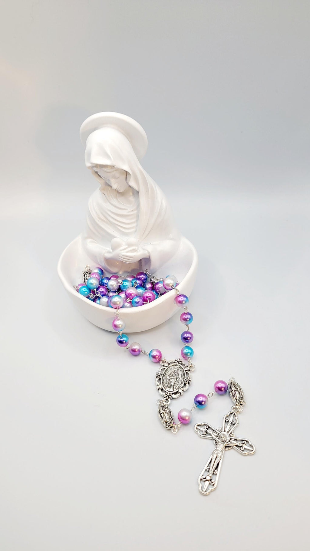 Handmade Miraculous Medal Rosary: Iridescent Pearl Beads, Silver Crucifix