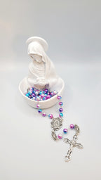 Handmade Miraculous Medal Rosary: Iridescent Pearl Beads, Silver Crucifix