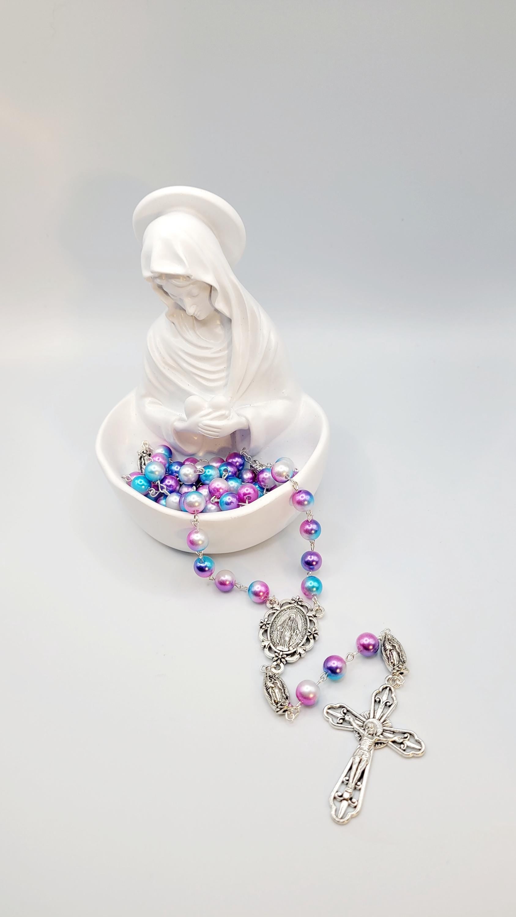 Handmade Miraculous Medal Rosary: Iridescent Pearl Beads, Silver Crucifix