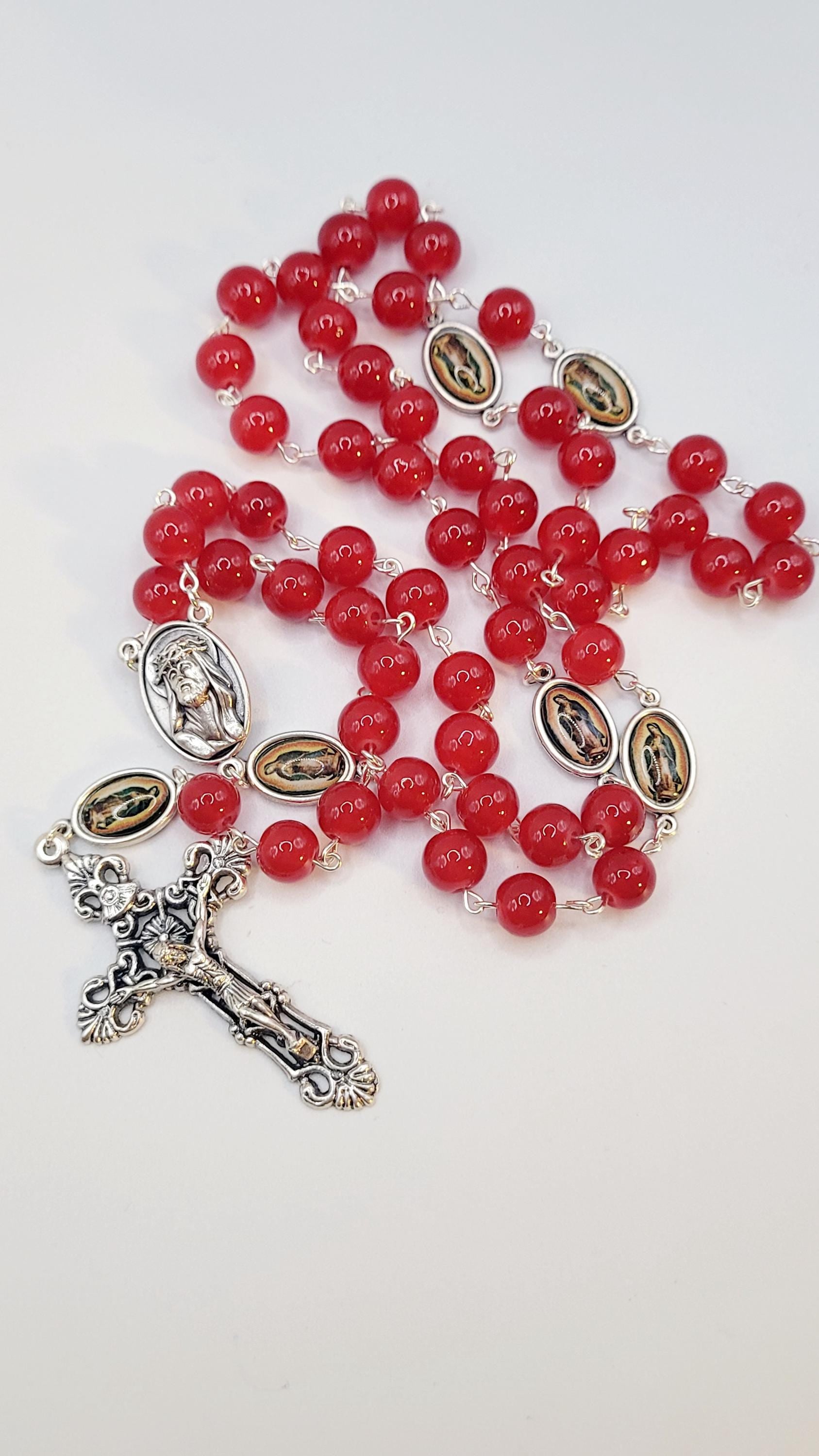 Handmade Red Glass Our Lady of Guadalupe Rosary