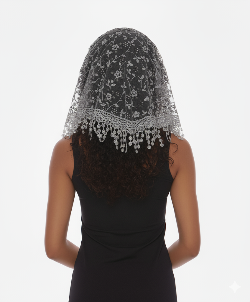 Gray & Black Floral Lace Chapel Veil - Mantilla