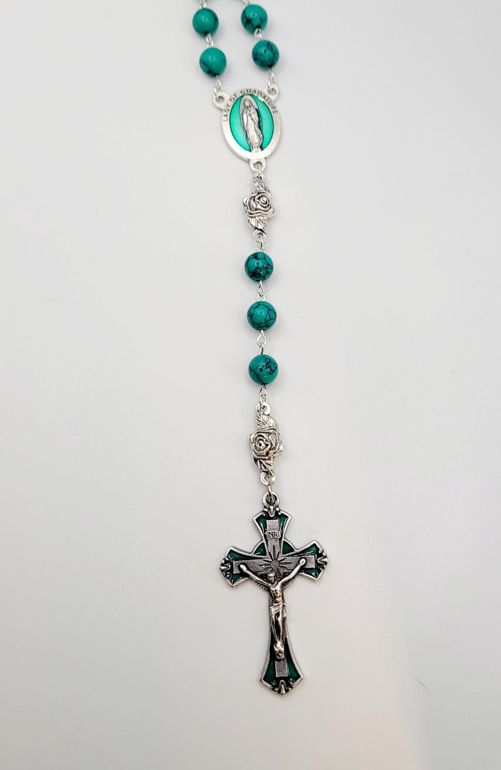Handmade Our Lady of Guadalupe Rosary: Green Turquoise Style Beads