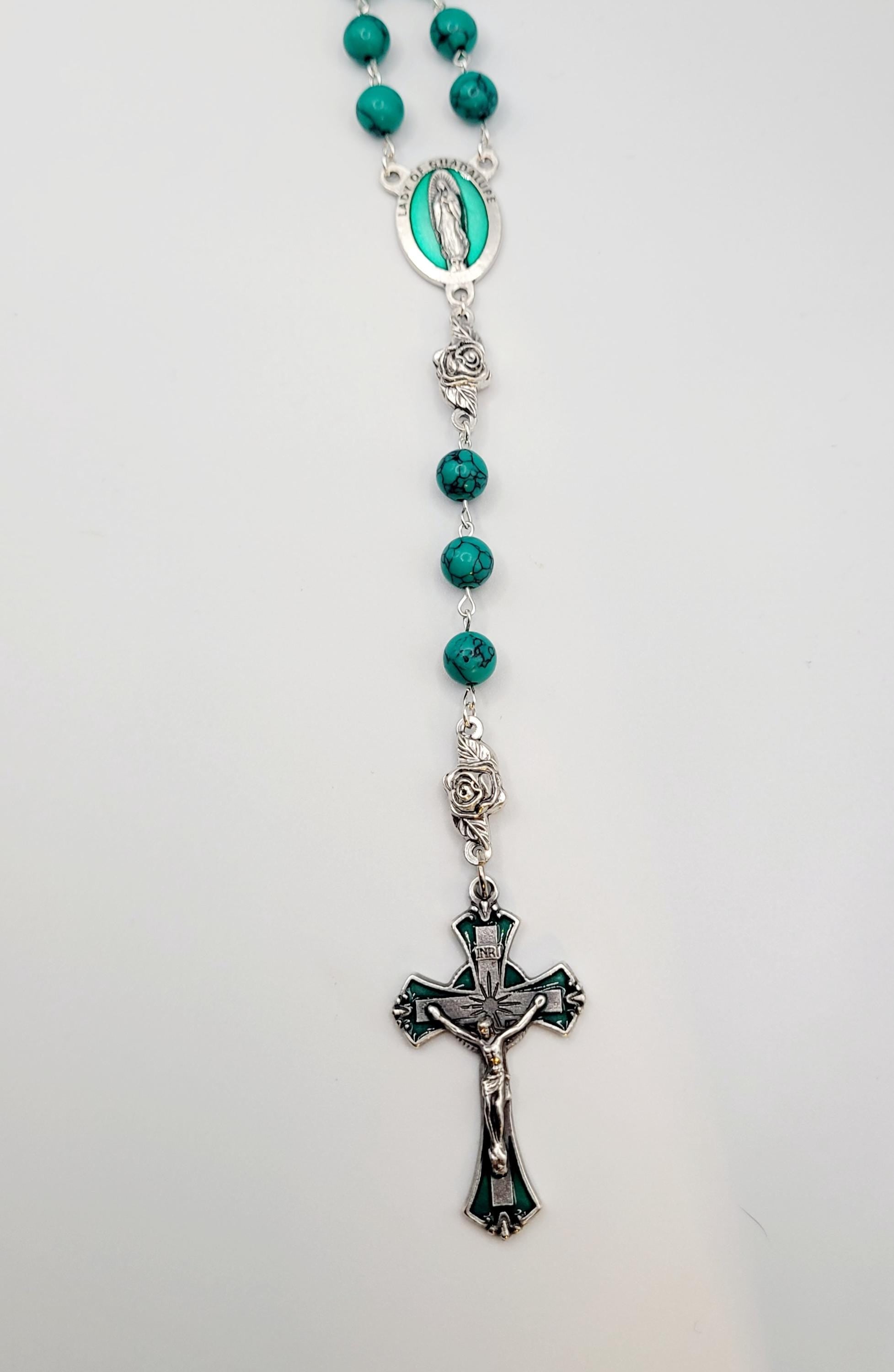 Handmade Our Lady of Guadalupe Rosary: Green Turquoise Style Beads