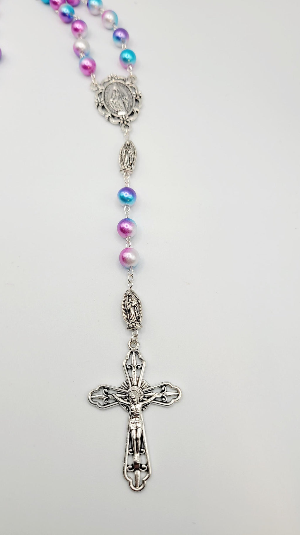 Handmade Miraculous Medal Rosary: Iridescent Pearl Beads, Silver Crucifix