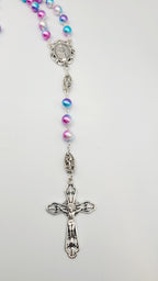 Handmade Miraculous Medal Rosary: Iridescent Pearl Beads, Silver Crucifix