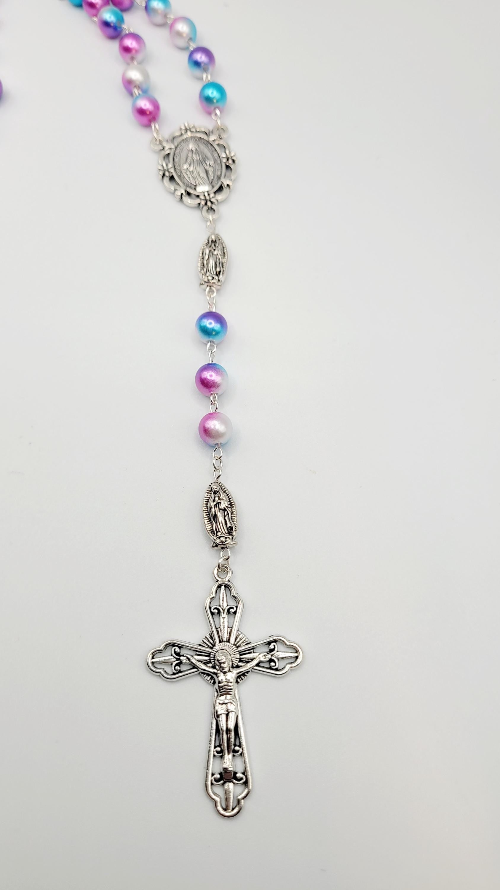 Handmade Miraculous Medal Rosary: Iridescent Pearl Beads, Silver Crucifix