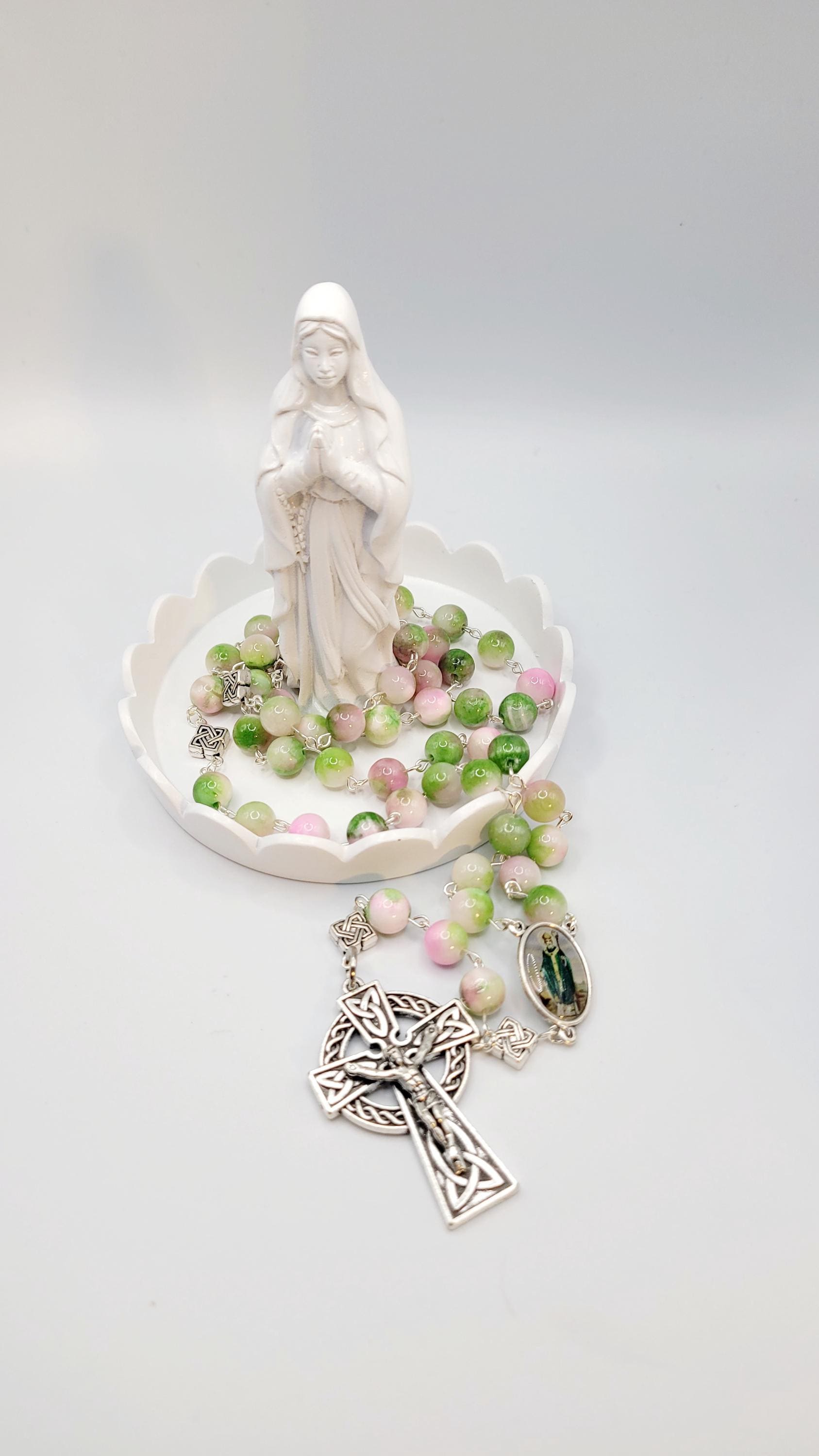 Handmade Celtic Rosary: Emerald Green Beads, Silver-Finish Crucifix