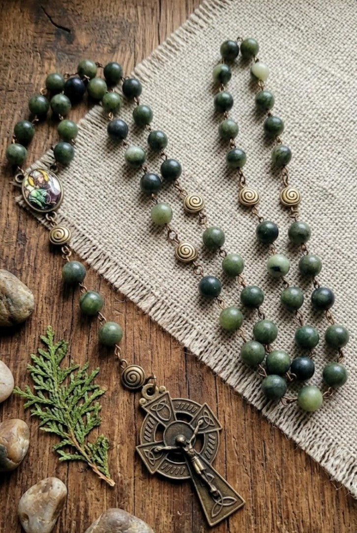 Genuine Connemara Marble Rosary – St. Patrick Centerpiece & Celtic Crucifix - Irish Gift
