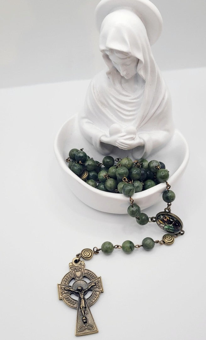 Genuine Connemara Marble Rosary – St. Patrick Centerpiece & Celtic Crucifix - Irish Gift