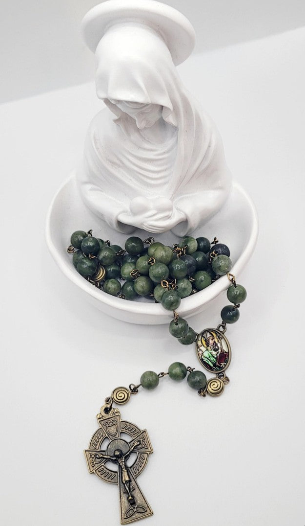 Genuine Connemara Marble Rosary – St. Patrick Centerpiece & Celtic Crucifix - Irish Gift