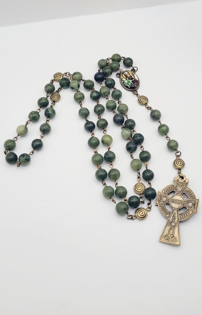 Genuine Connemara Marble Rosary – St. Patrick Centerpiece & Celtic Crucifix - Irish Gift