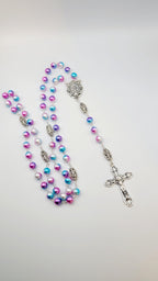 Handmade Miraculous Medal Rosary: Iridescent Pearl Beads, Silver Crucifix