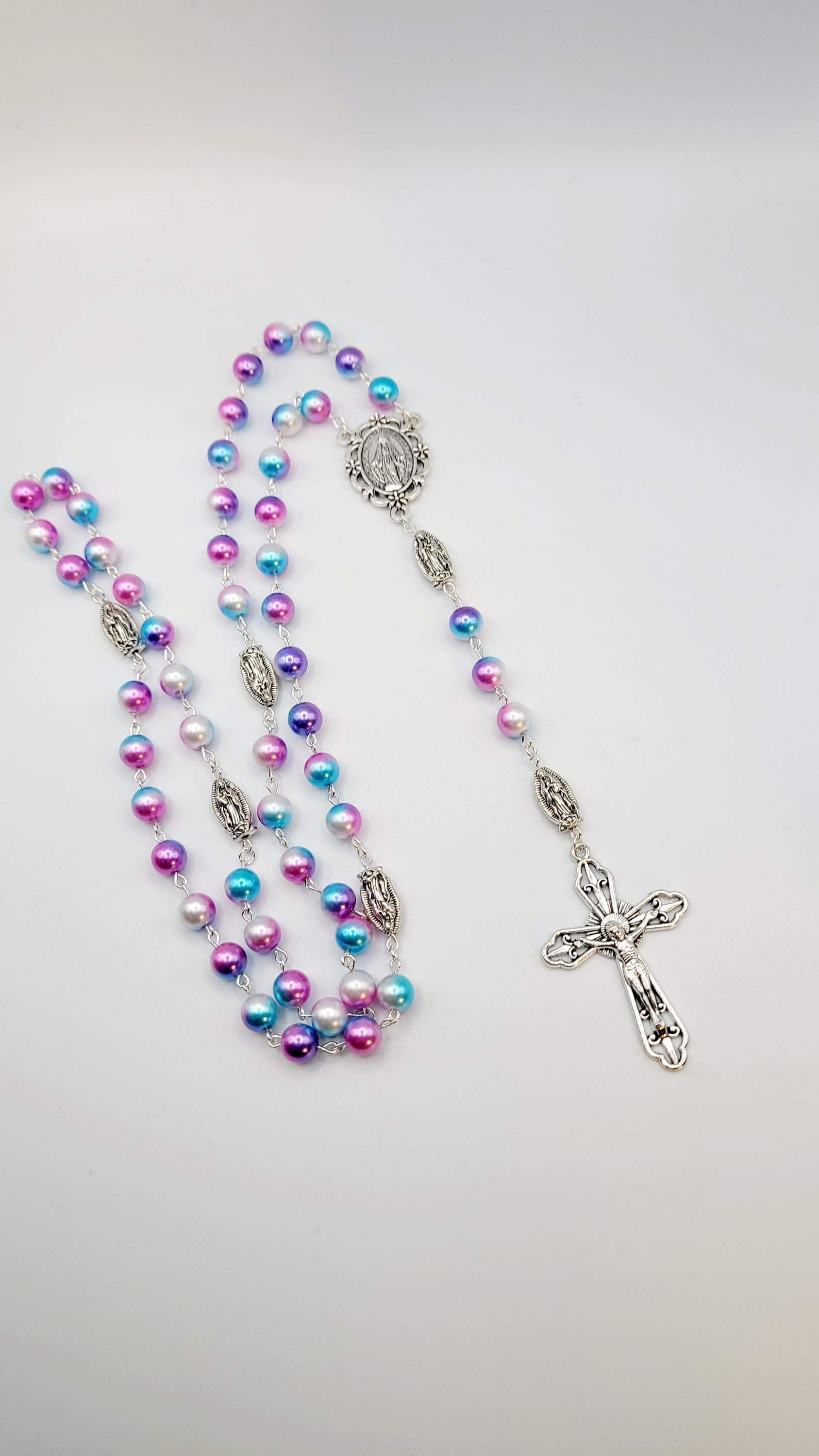Handmade Miraculous Medal Rosary: Iridescent Pearl Beads, Silver Crucifix