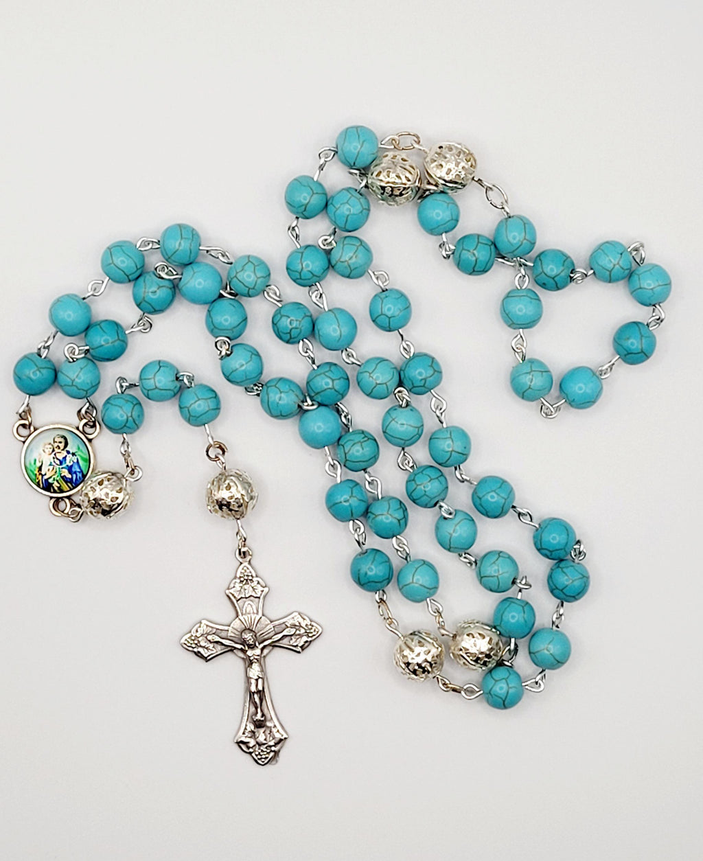 Handmade St. Joseph Rosary: Turquoise Beads, Detailed Medallion