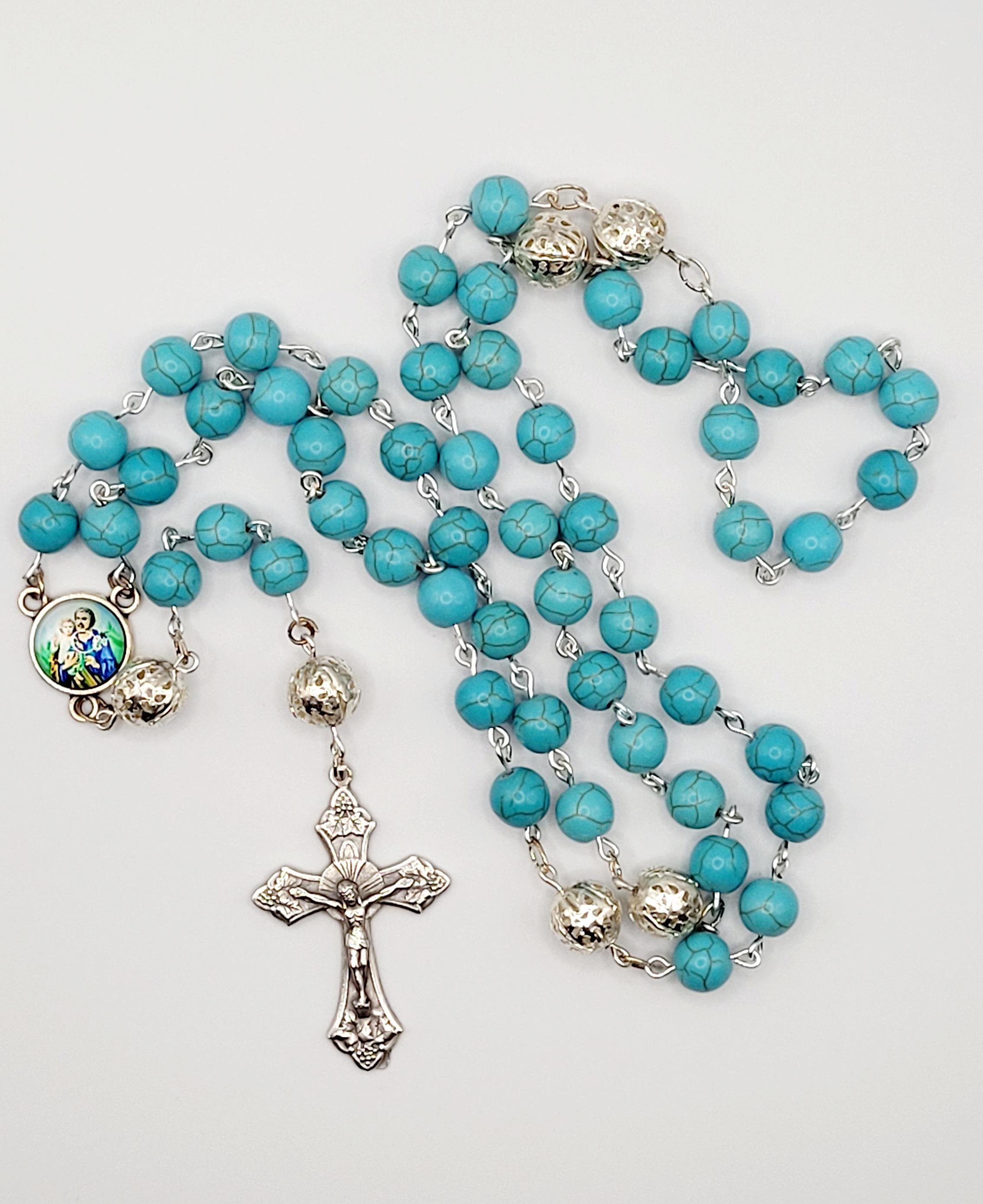 Handmade St. Joseph Rosary: Turquoise Beads, Detailed Medallion