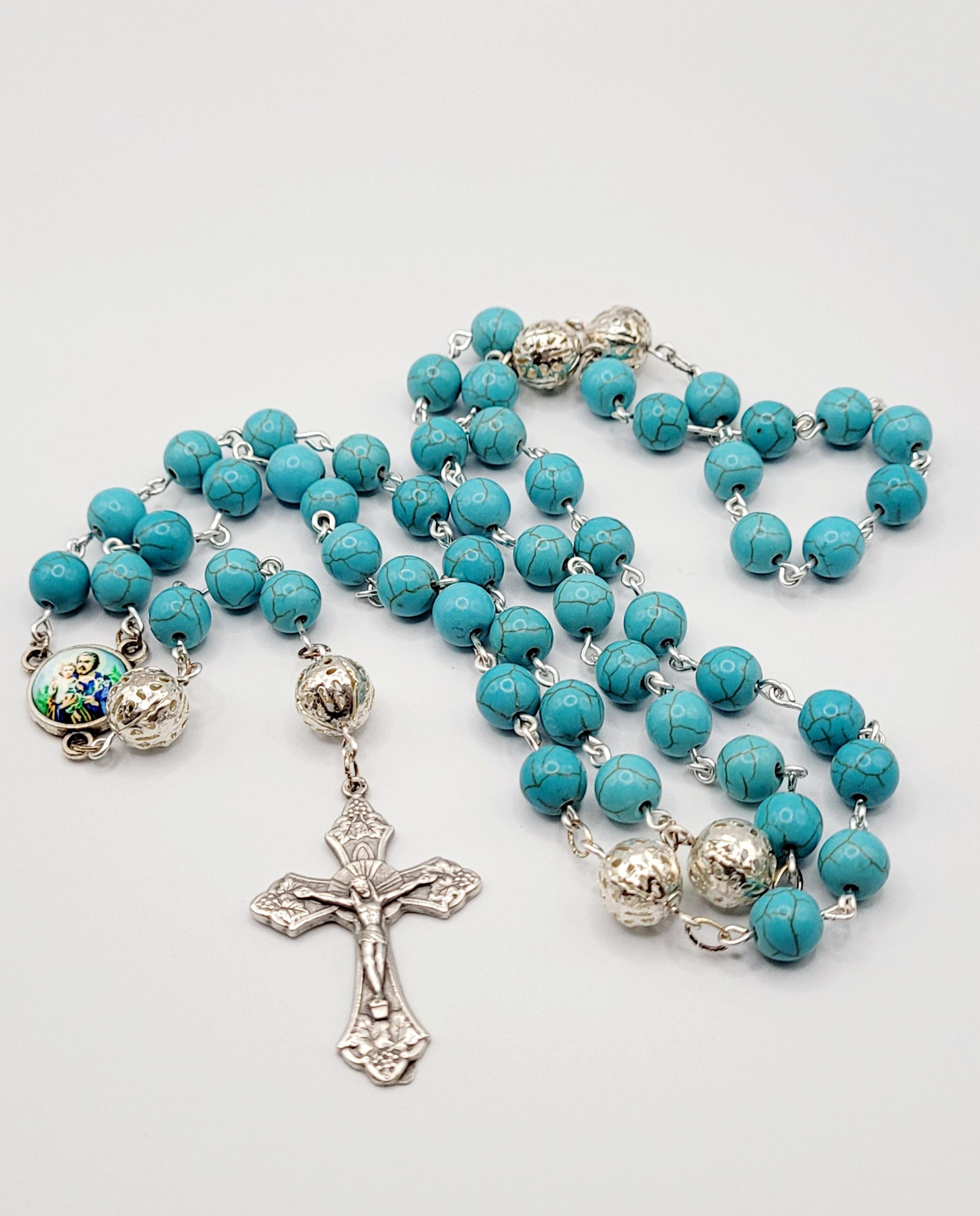 Handmade St. Joseph Rosary: Turquoise Beads, Detailed Medallion