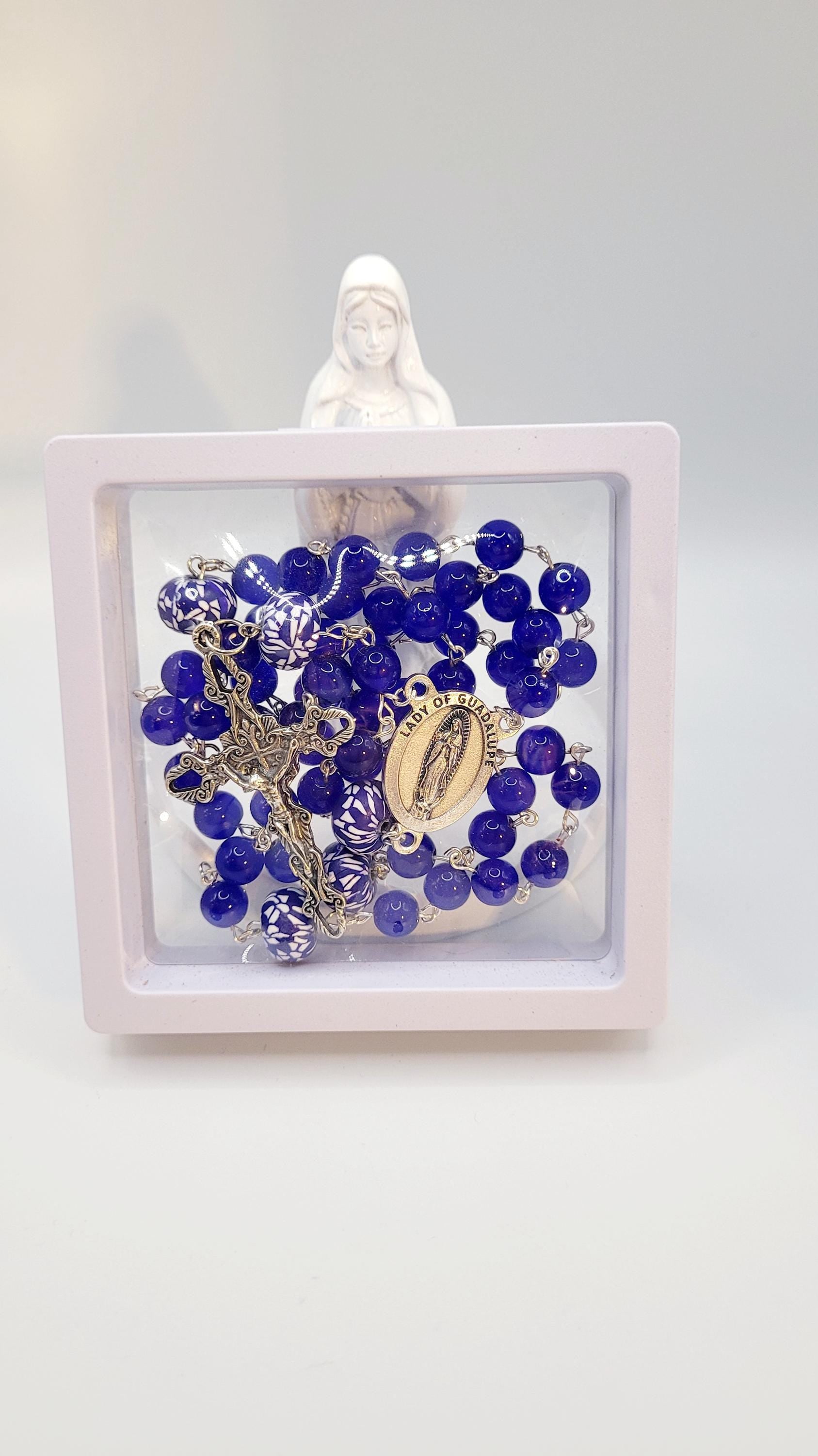 Handmade Our Lady of Guadalupe Rosary: Blue Glass Beads, Silver Crucifix