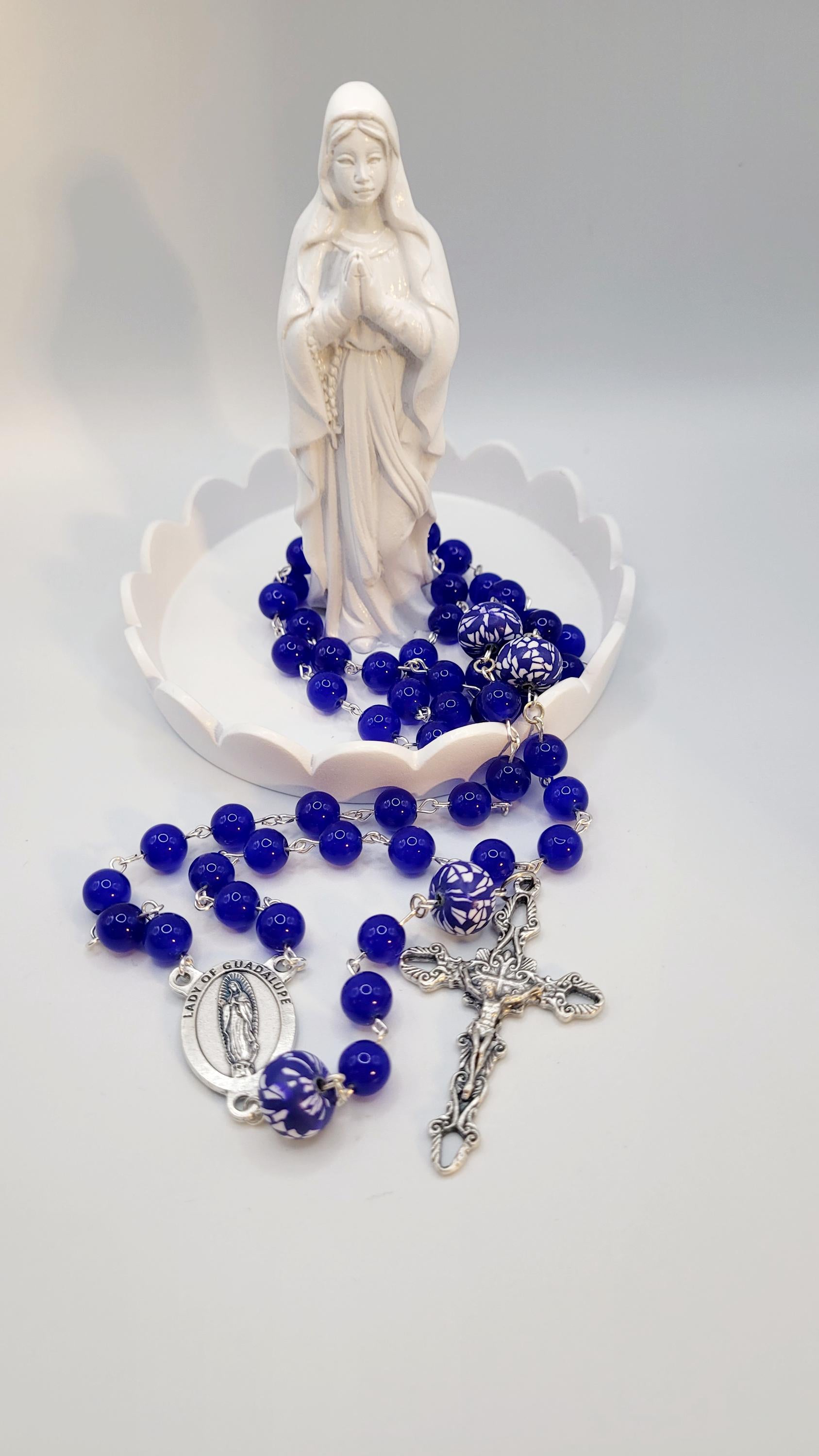Handmade Our Lady of Guadalupe Rosary: Blue Glass Beads, Silver Crucifix