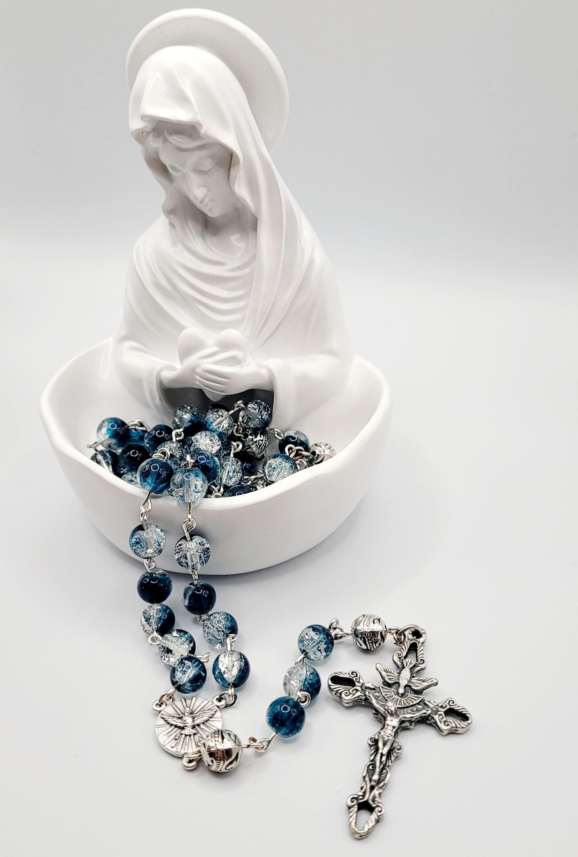 Handmade Holy Spirit Rosary: Crackled Blue Glass Beads