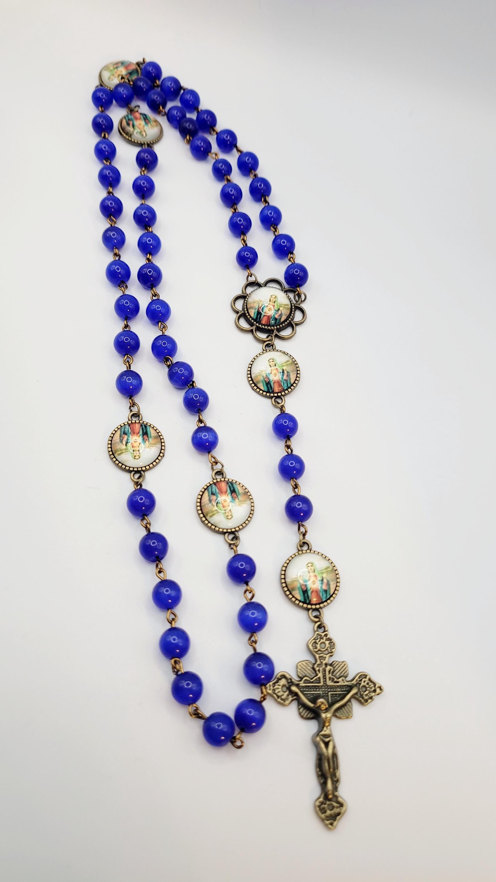 Handmade Immaculate Heart of Mary Rosary: Blue Glass, Bronze Finish