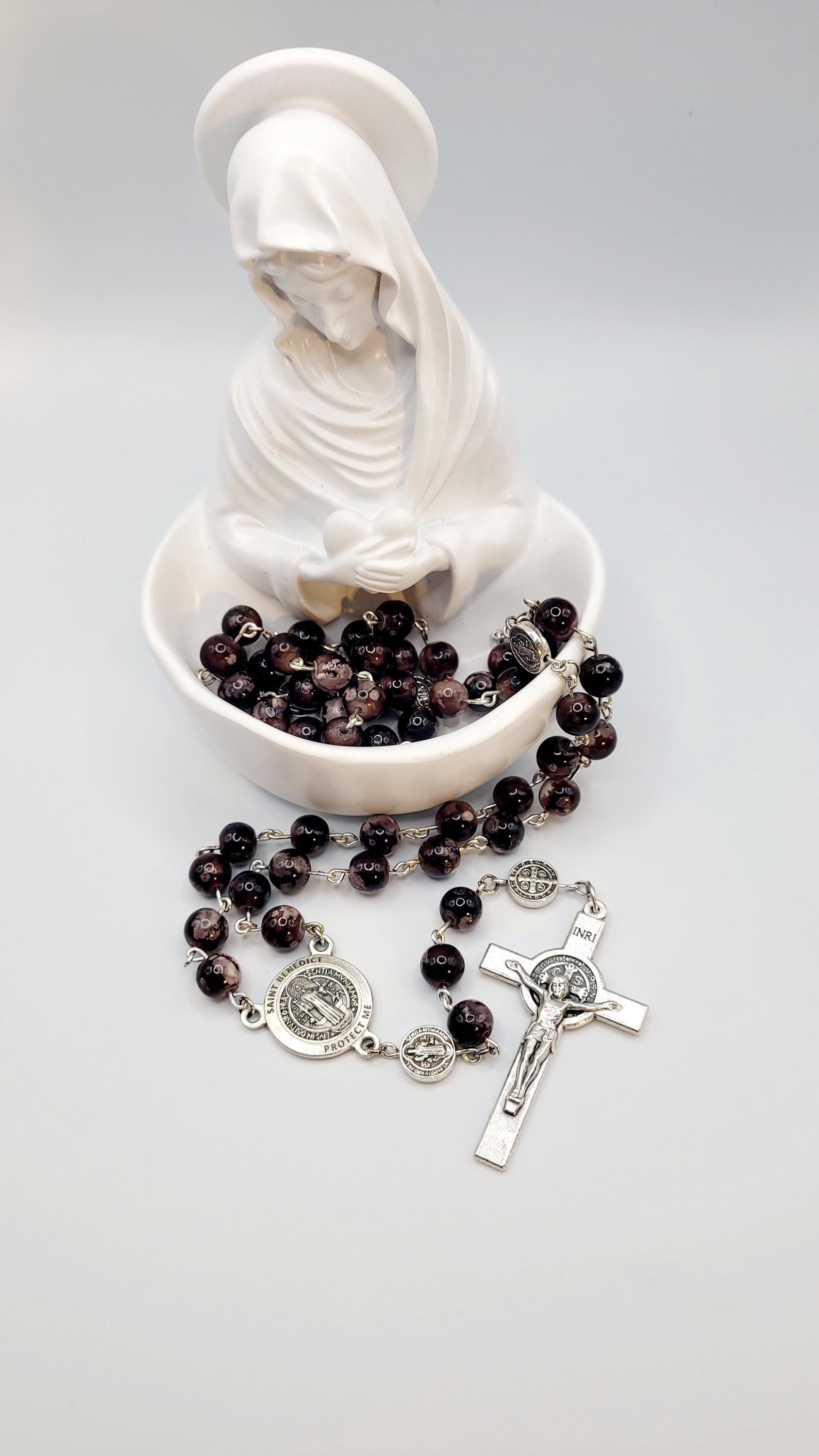 Handmade Saint Benedict Rosary: Brown Stone Beads & Medal