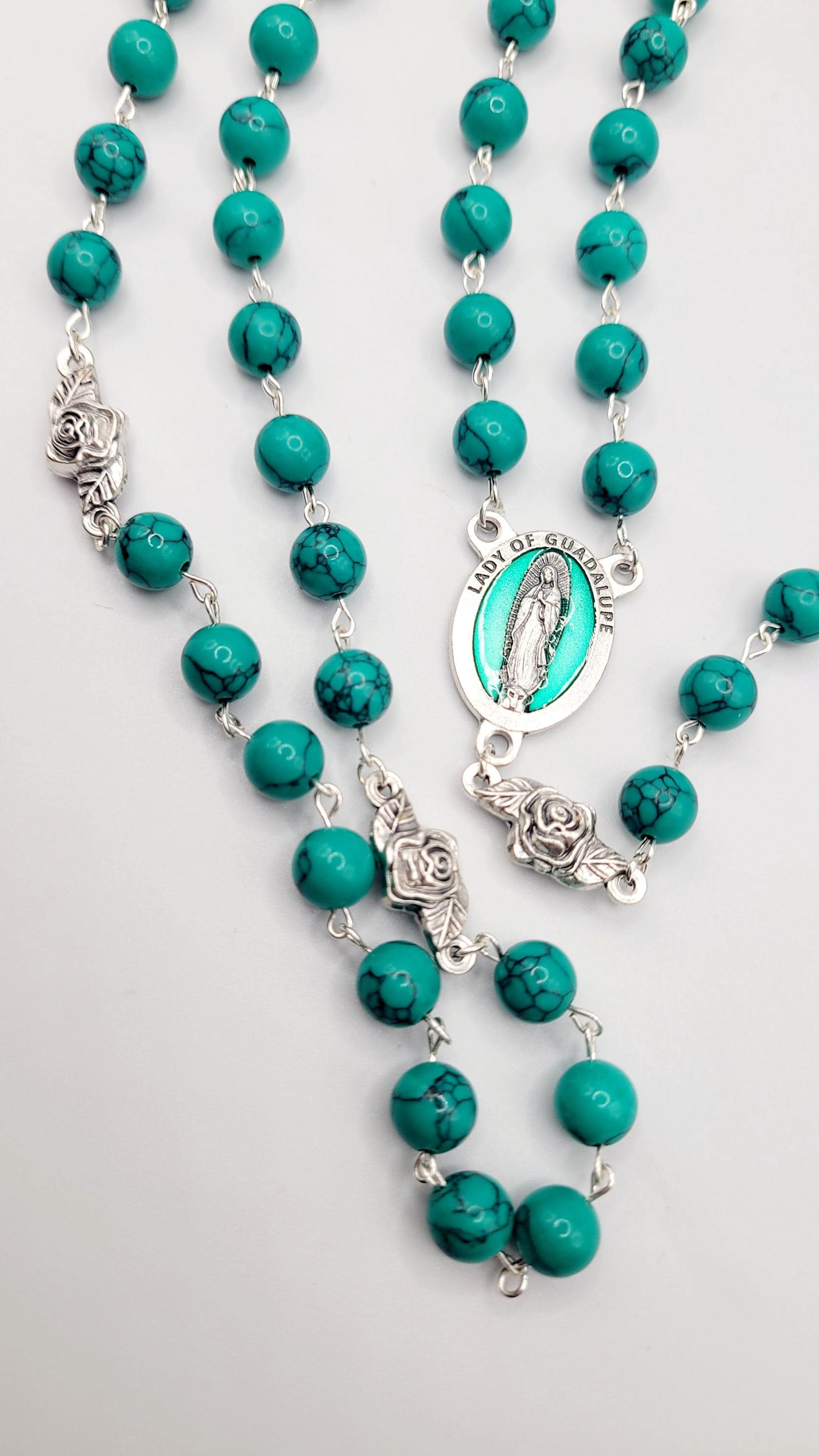 Handmade Our Lady of Guadalupe Rosary: Green Turquoise Style Beads