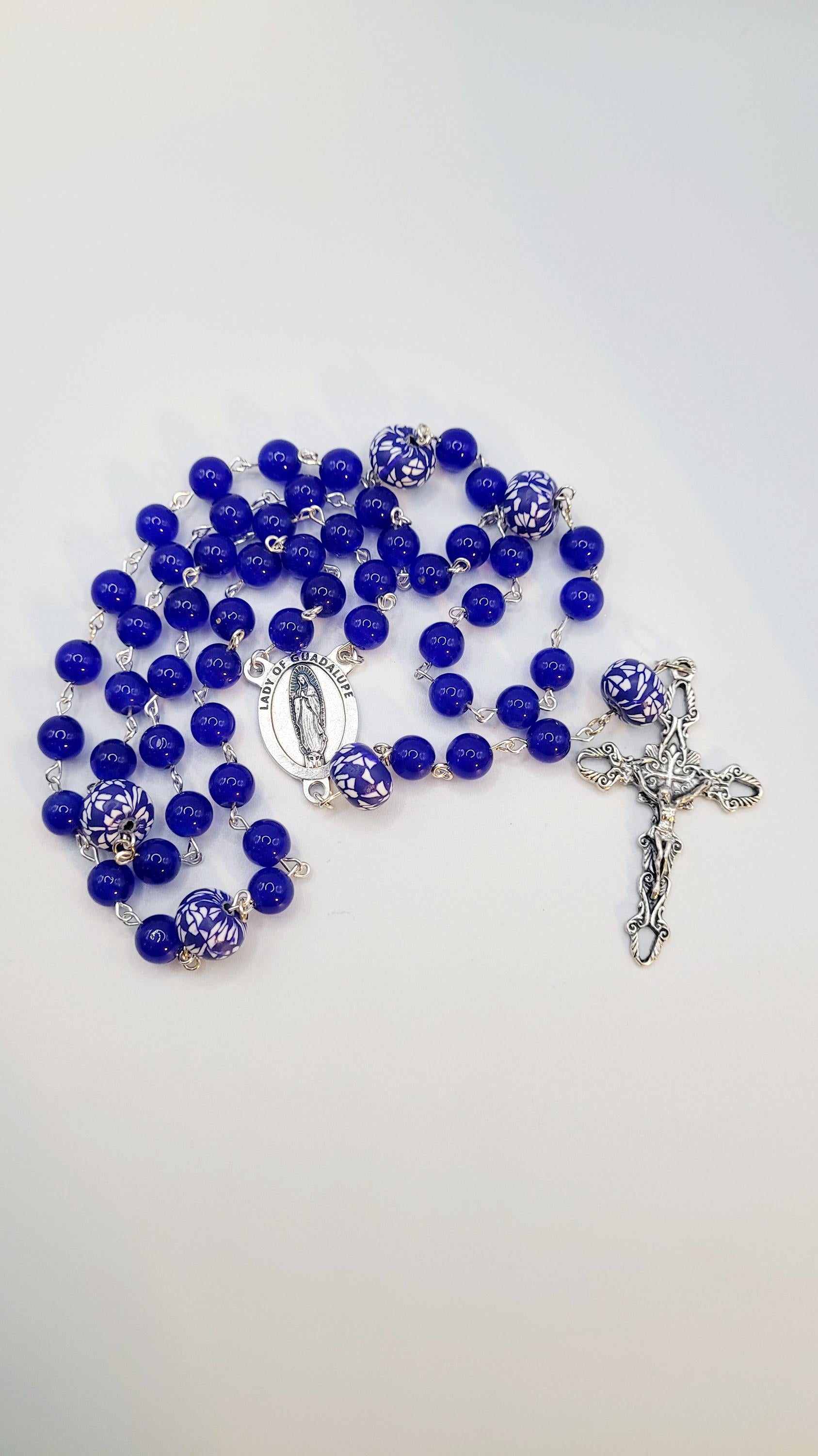 Handmade Our Lady of Guadalupe Rosary: Blue Glass Beads, Silver Crucifix