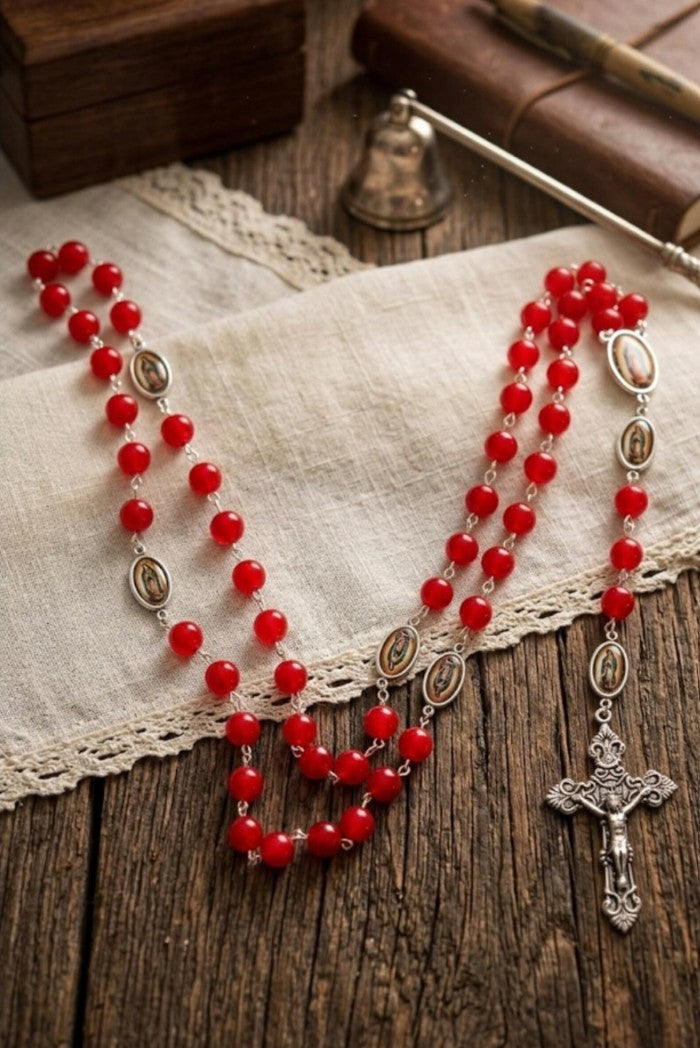 Handmade Red Glass Our Lady of Guadalupe Rosary