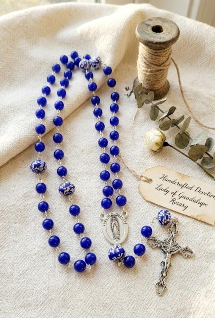 Handmade Our Lady of Guadalupe Rosary: Blue Glass Beads, Silver Crucifix